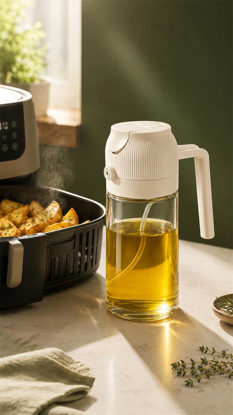Dispensador TUKU junto a una air fryer con papas doradas.