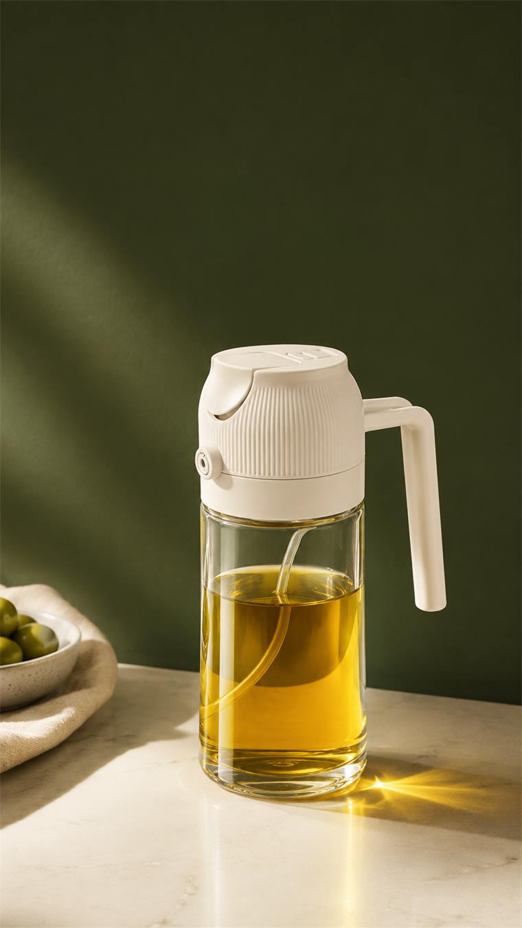Dispensador de aceite TUKU sobre un mesón de cocina, con luz natural.